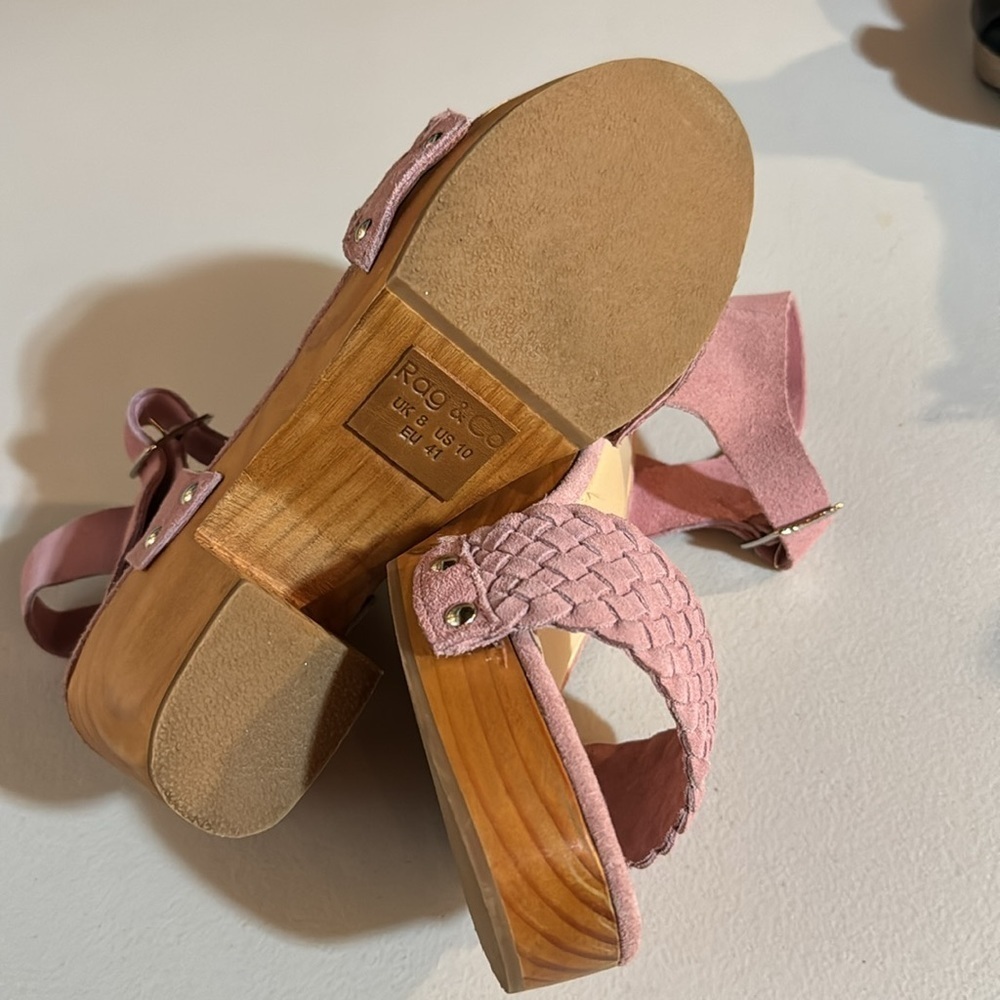 Rag & Co APRIL Light Pink Wooden Clogs In Suede Weave. Size 10 - Picture 9 of 11